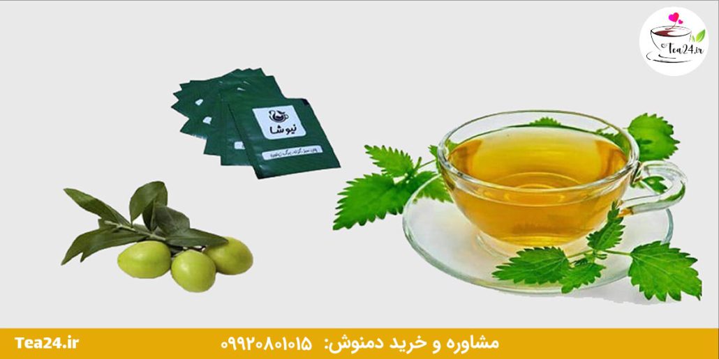 این تصویر دستورالعمل دمنوش لاغری نیوشا را یا استفاده از گزنه و برگ زیتون نشان میدهد